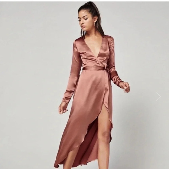 Reformation Asymmetrical Satin Dress in Rose Gold - Picture 1 of 7